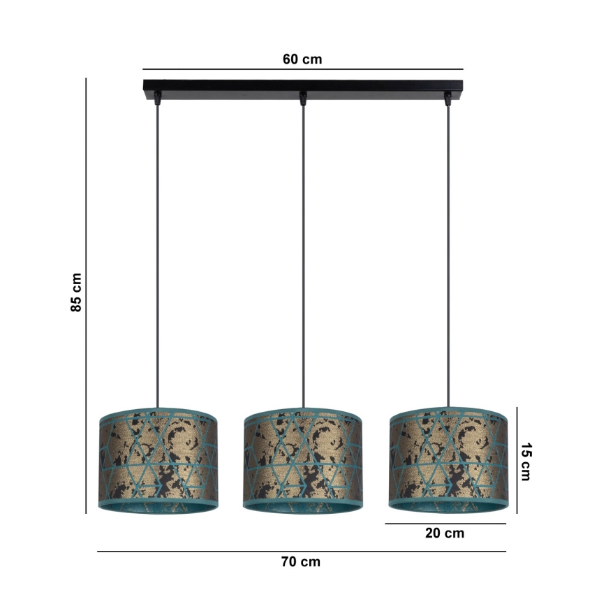 Hanglamp aan een koord REZO 3xE27/60W/230V goud/turkoois