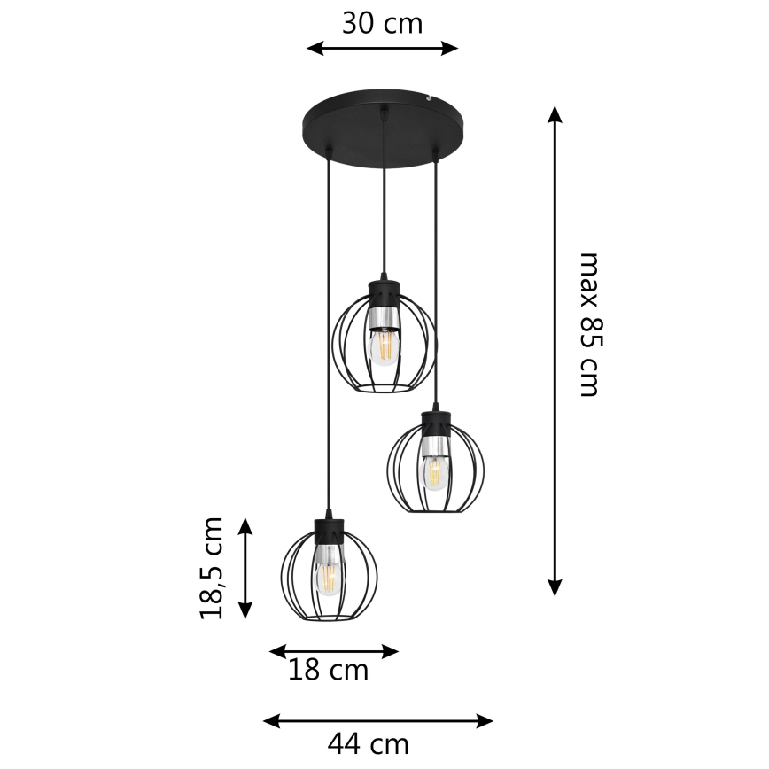 Hanglamp aan een koord STARLIGHT 3xE27/15W/230V zwart/zilver