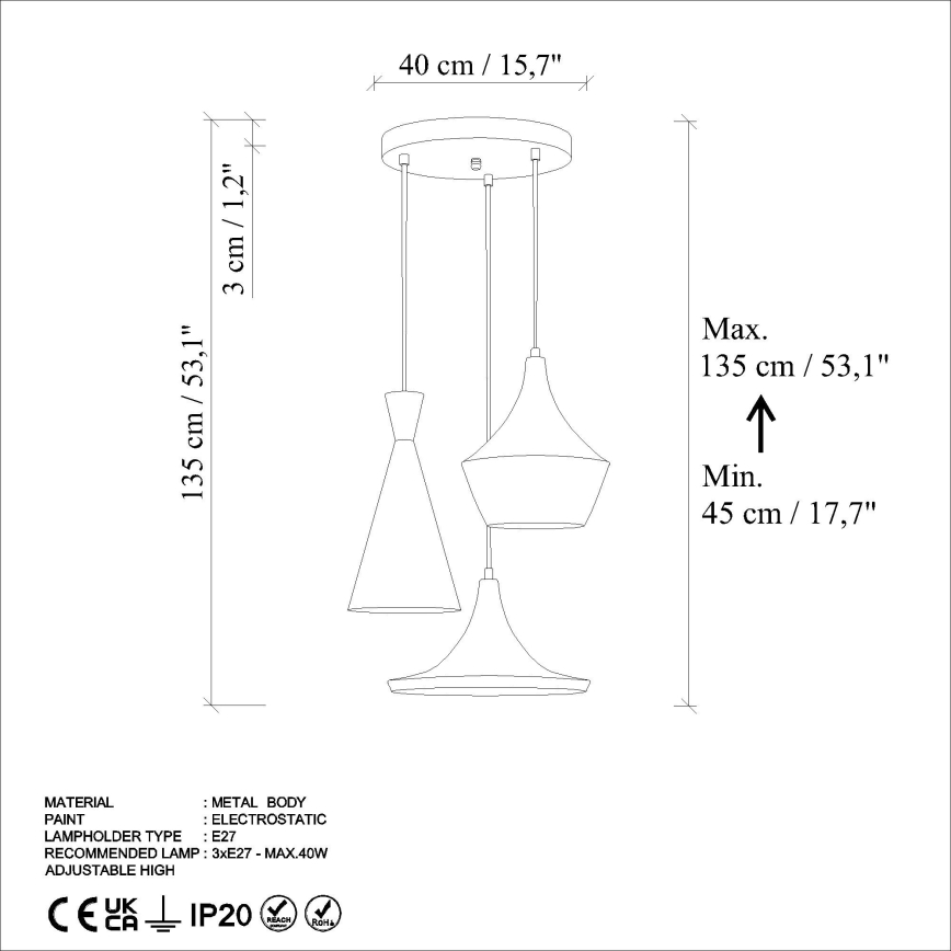 Hanglamp aan een koord TOM 3xE27/40W/230V grijs