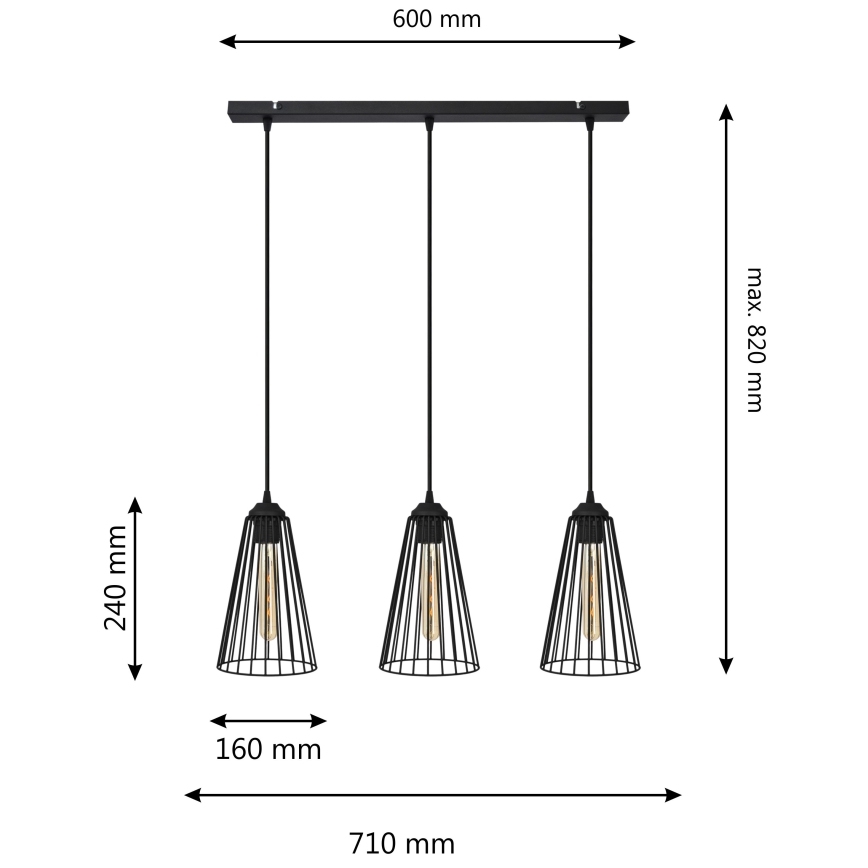 Hanglamp aan een koord TORRI 3xE27/15W/230V zwart