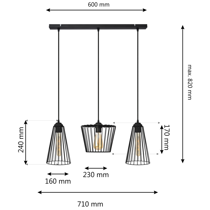 Hanglamp aan een koord TORRI 3xE27/15W/230V zwart