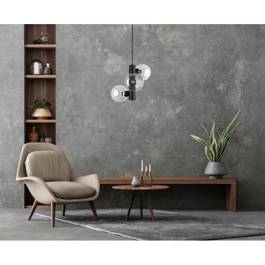 Hanglamp aan een koord TUBE 3xE27/60W/230V zwart/doorzichtig