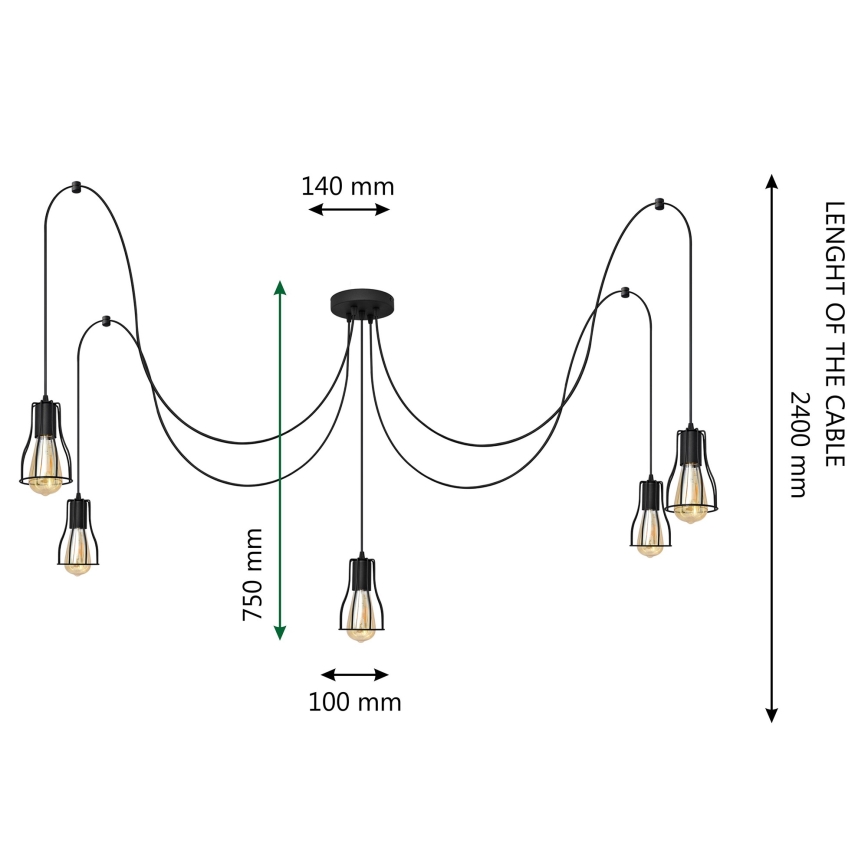 Hanglamp aan een koord TUBE LONG 5xE27/10W/230V zwart