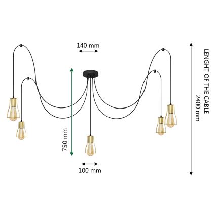 Hanglamp aan een koord TUBE LONG 5xE27/15W/230V zwart/goud