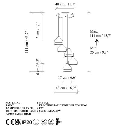 Hanglamp aan een koord YILDO 5xE27/40W/230V wit/goud