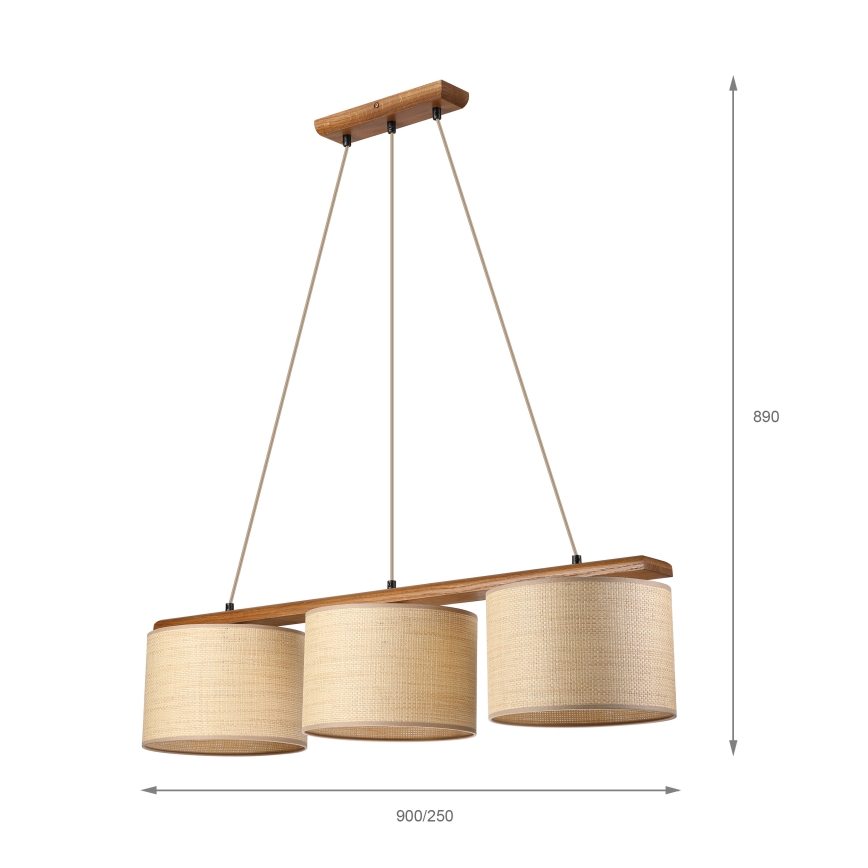 Hanglamp aan snoer AIDA 3xE27/15W/230V, diameter 25 cm, eiken/raffia