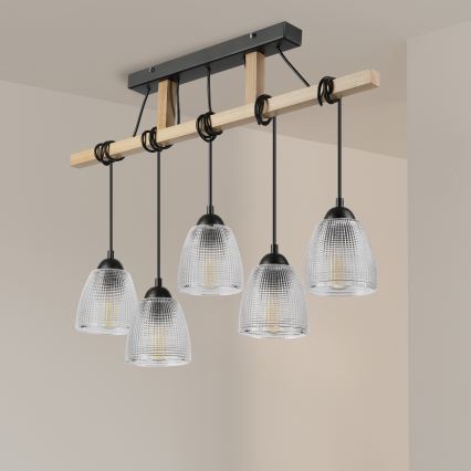 Hanglamp met kabel LEANDRA 5xE27/15W/230V eik/zwart