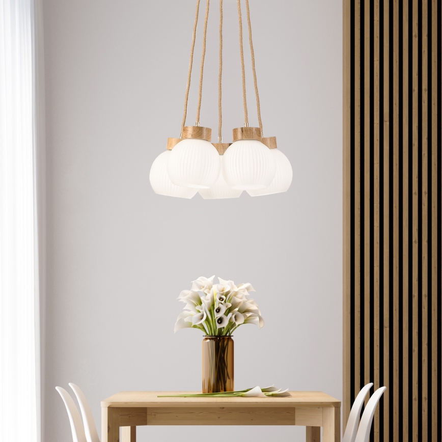 Hanglamp met snoer LOOMIS 5xE27/15W/230V 83 cm beige/eiken