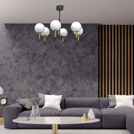 Hanglamp met vaste pendel AWINION 6xE27/15W/230V wit/goud/zwart