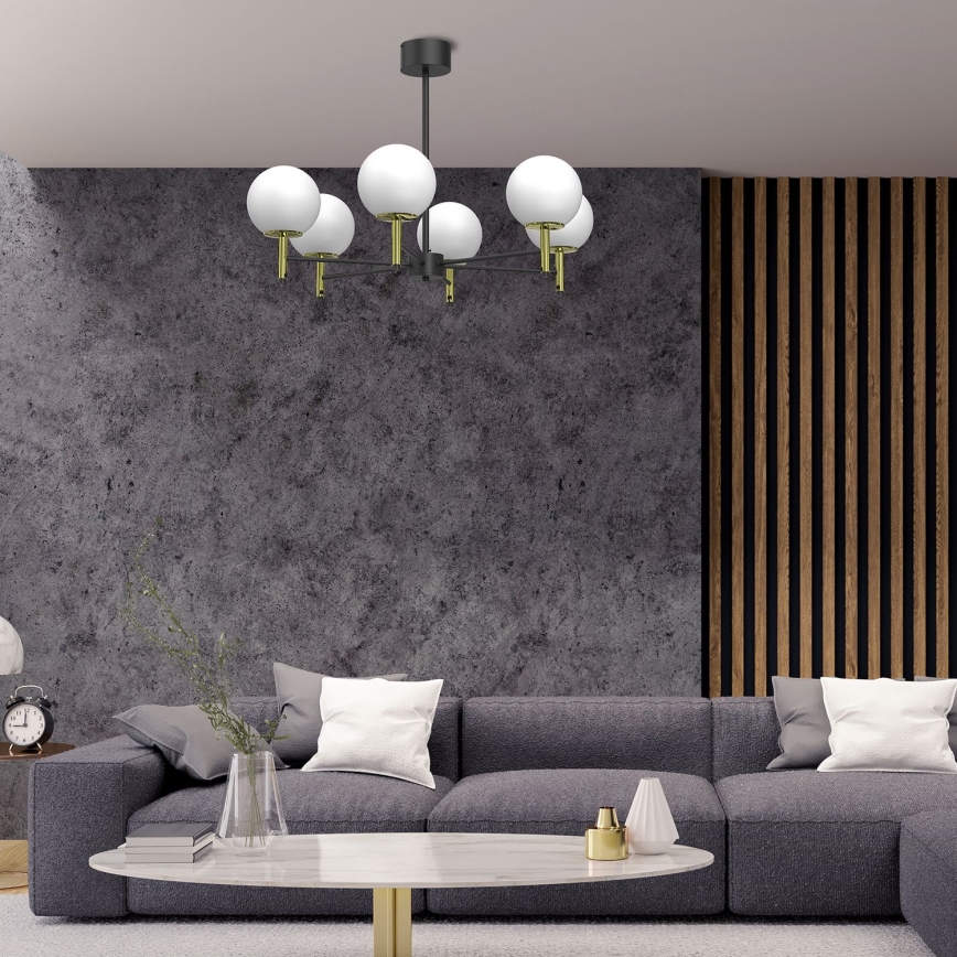 Hanglamp met vaste pendel AWINION 6xE27/15W/230V wit/goud/zwart