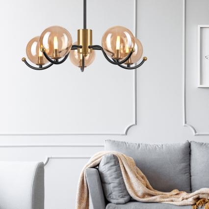 Hanglamp met vaste pendel GEORGIA 5xE14/5W/230V goud/gerookt beige