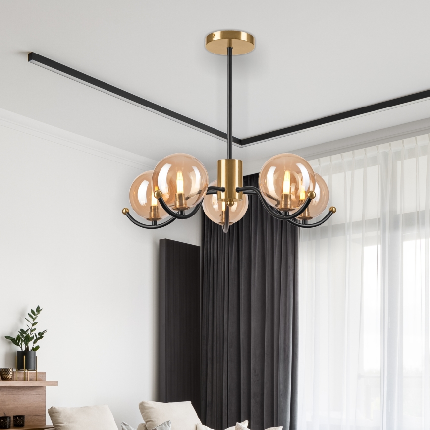 Hanglamp met vaste pendel GEORGIA 5xE14/5W/230V goud/gerookt beige