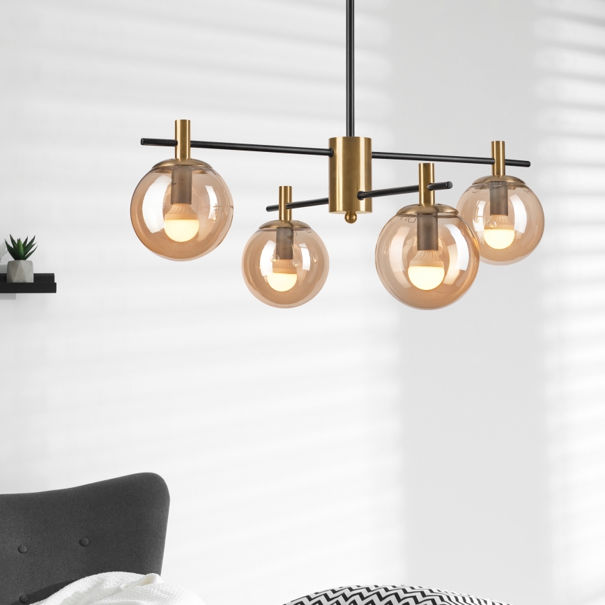 Hanglamp met vaste pendel LILOU 4xE14/5W/230V goud/zwart/gerookt beige
