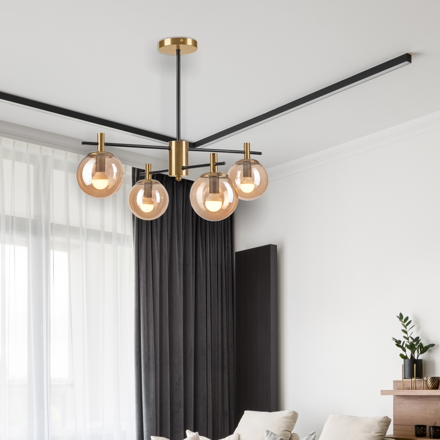 Hanglamp met vaste pendel LILOU 4xE14/5W/230V goud/zwart/gerookt beige