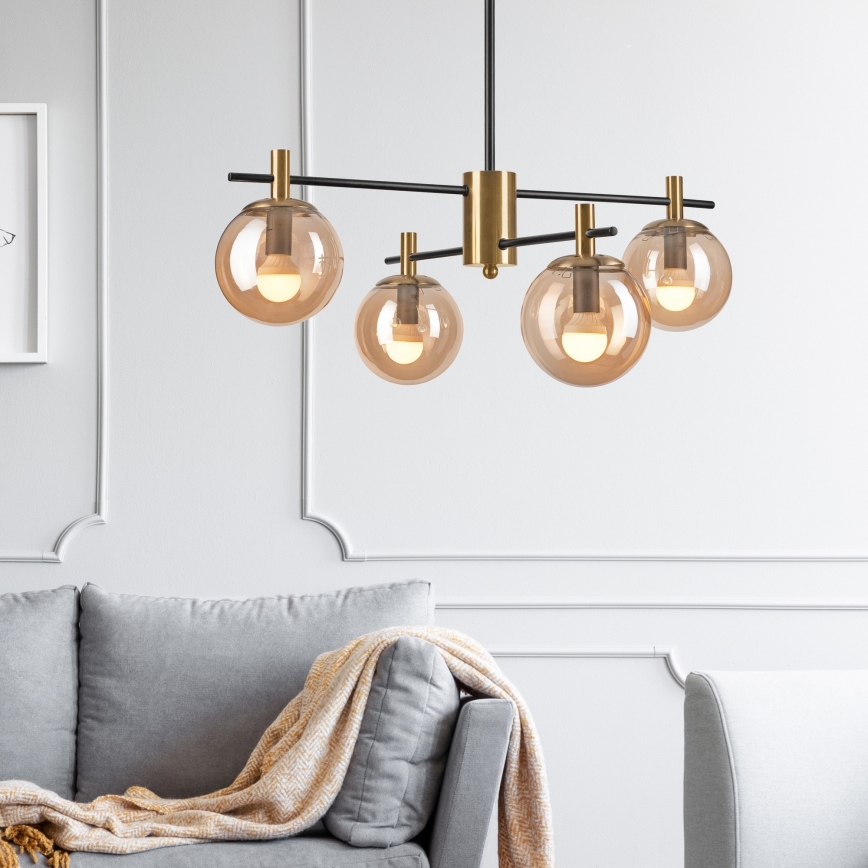 Hanglamp met vaste pendel LILOU 4xE14/5W/230V goud/zwart/gerookt beige