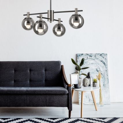 Hanglamp met vaste pendel LILOU 4xE14/5W/230V mat chroom/gerookt