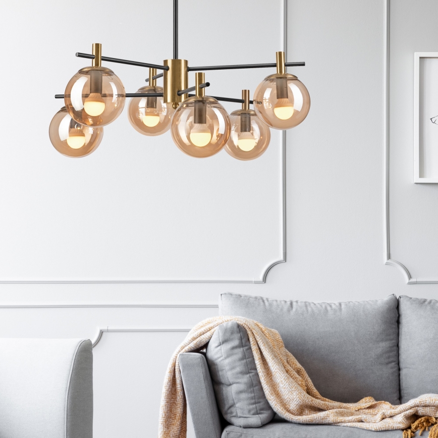 Hanglamp met vaste pendel LILOU 6xE14/5W/230V goud/zwart/gerookt beige