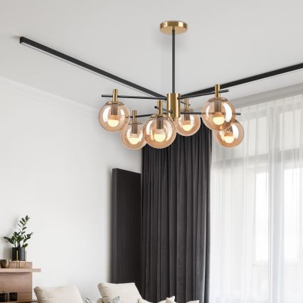 Hanglamp met vaste pendel LILOU 6xE14/5W/230V goud/zwart/gerookt beige