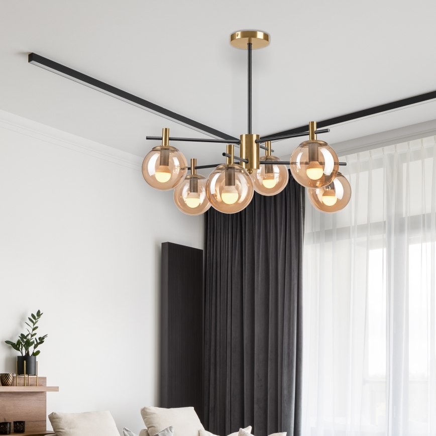 Hanglamp met vaste pendel LILOU 6xE14/5W/230V goud/zwart/gerookt beige
