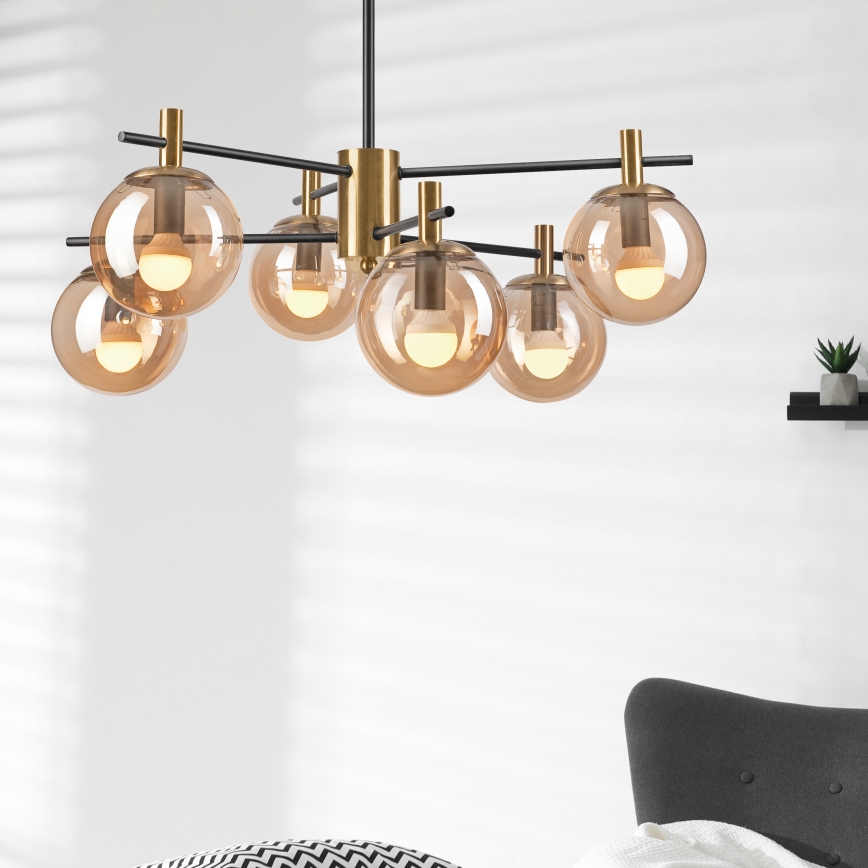 Hanglamp met vaste pendel LILOU 6xE14/5W/230V goud/zwart/gerookt beige