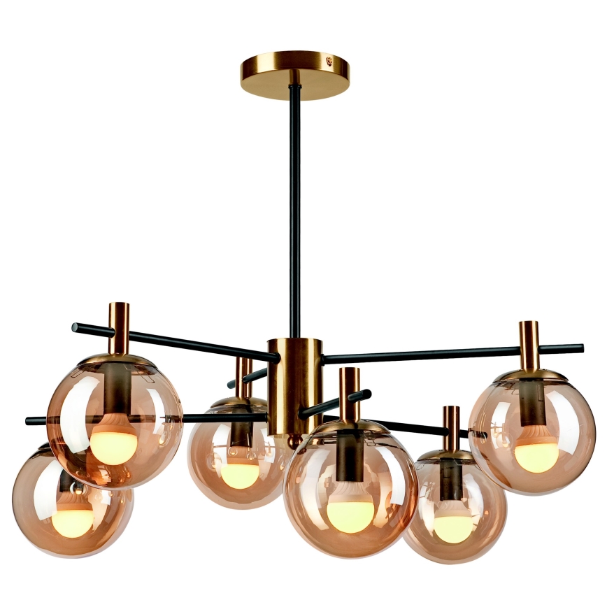 Hanglamp met vaste pendel LILOU 6xE14/5W/230V goud/zwart/gerookt beige