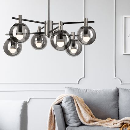 Hanglamp met vaste pendel LILOU 6xE14/5W/230V mat chroom/gerookt