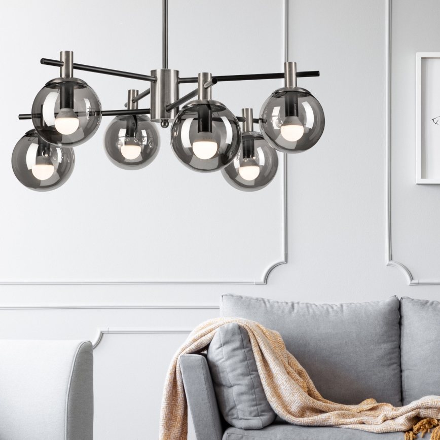 Hanglamp met vaste pendel LILOU 6xE14/5W/230V mat chroom/gerookt