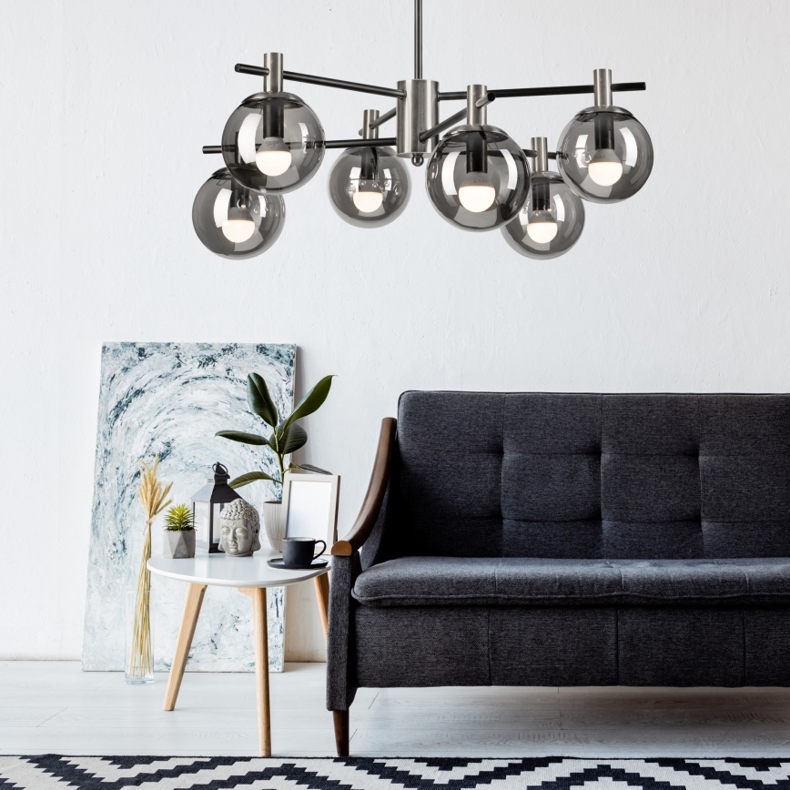 Hanglamp met vaste pendel LILOU 6xE14/5W/230V mat chroom/gerookt
