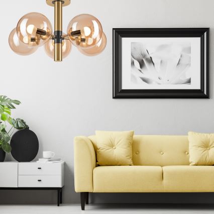 Hanglamp met vaste pendel ROLLO 5xE14/5W/230V goud/gerookt beige