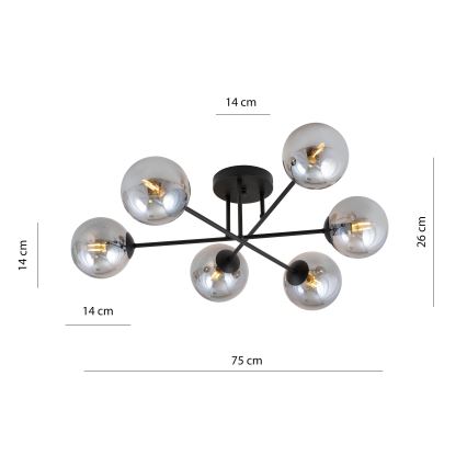 Hanglamp met vaste pendel ROMA 6xE14/10W/230V zwart/gerookt