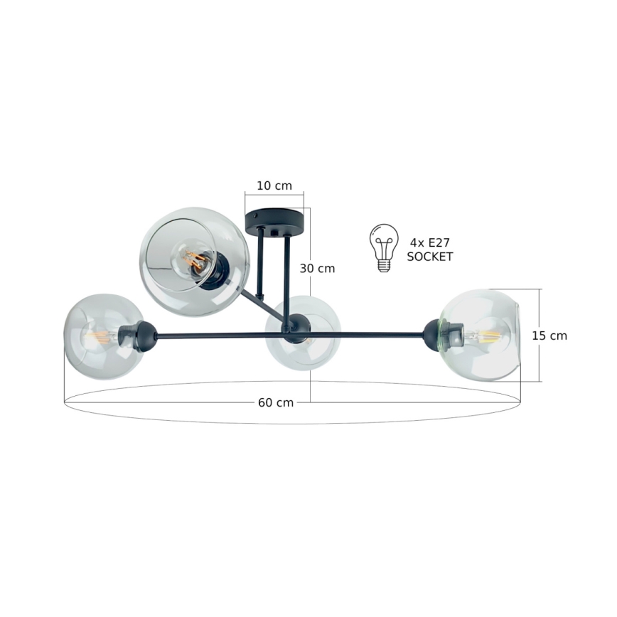 Hanglamp met vaste pendel VASCO 4xE27/60W/230V zwart/doorzichtig
