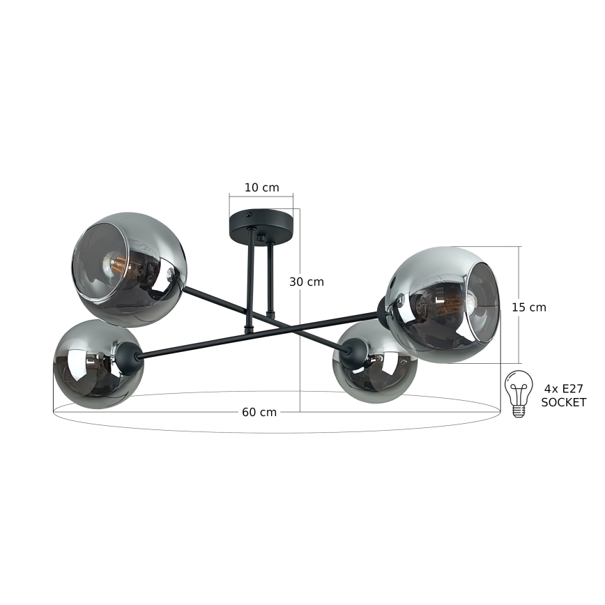Hanglamp met vaste pendel VASCO 4xE27/60W/230V zwart/gerookt zwart