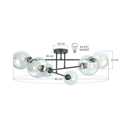 Hanglamp met vaste pendel VASCO 6xE27/60W/230V zwart/doorzichtig