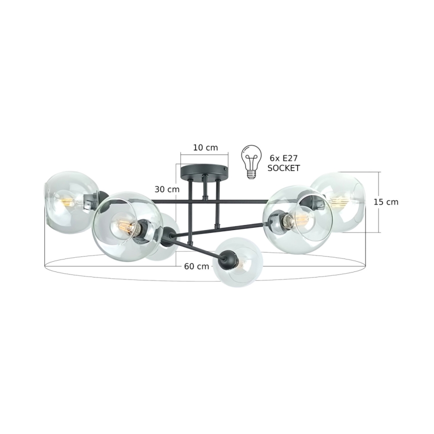 Hanglamp met vaste pendel VASCO 6xE27/60W/230V zwart/doorzichtig