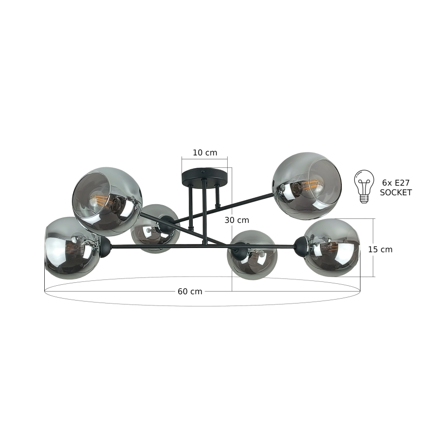 Hanglamp met vaste pendel VASCO 6xE27/60W/230V zwart/gerookt zwart