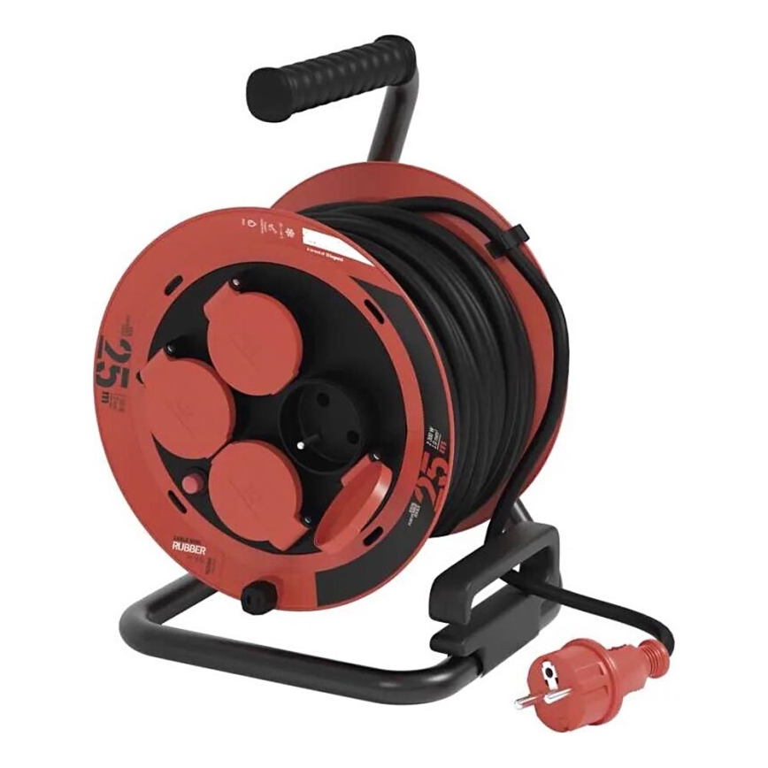 Haspel met 4 stopcontacten 25m IP44 rood