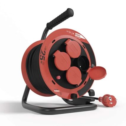 Haspel met 4 stopcontacten 25m IP44 rood