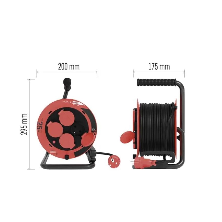 Haspel met 4 stopcontacten 25m IP44 rood