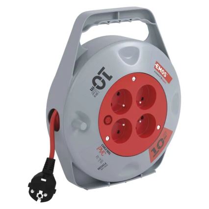 Haspelverlengsnoer met 4 stopcontacten, 10 m, grijs/rood