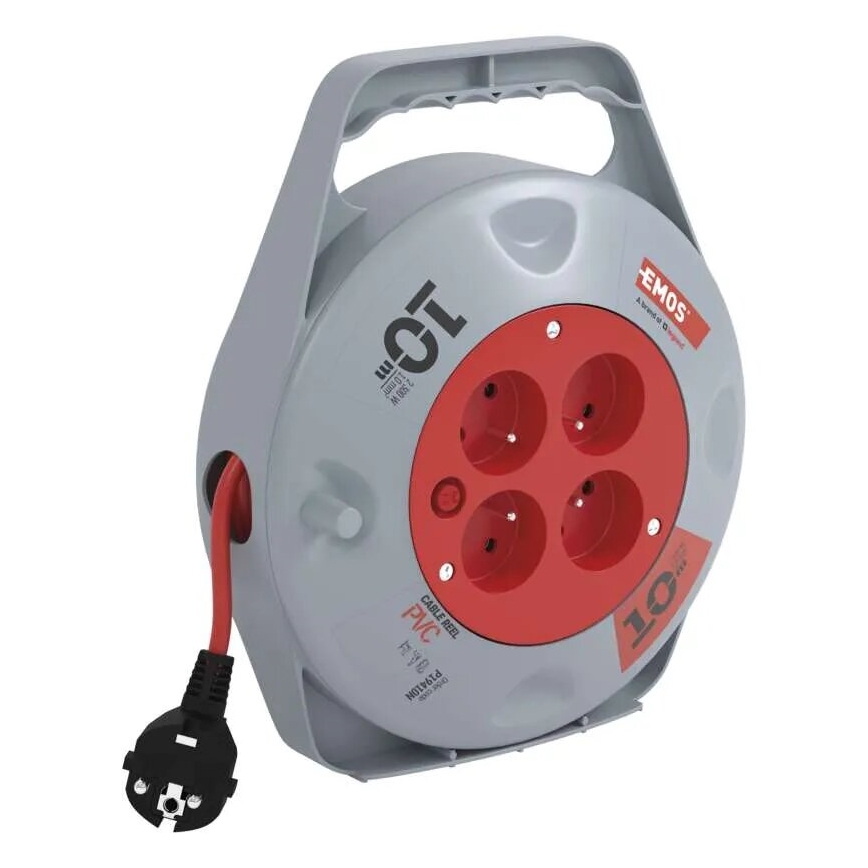 Haspelverlengsnoer met 4 stopcontacten, 10 m, grijs/rood