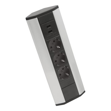 Hoekstopcontactzuil 3x230V + 2xUSB-A zwart/zilver