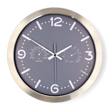 Horloge murale avec thermomètre et hygromètre Ø 30,5 cm, fonctionne avec 1 pile AA, boîtier inox/gris