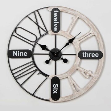 Horloge murale Ø 60 cm, 1 pile AA, finition noir/blanc effet patiné
