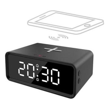 Horloge numérique avec chargeur sans fil Qi (230V / pile CR2032) — noire