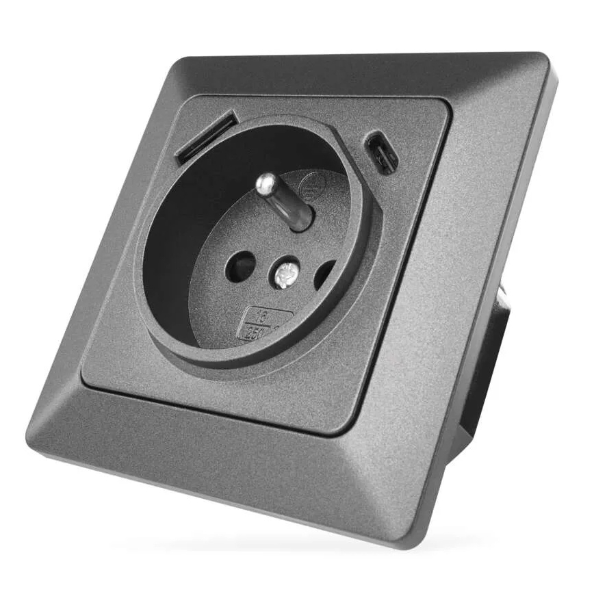 Huishoudelijke wandcontactdoos met USB-A+USB-C, Frans, 250V/16A, antraciet