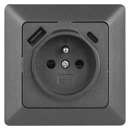 Huishoudelijke wandcontactdoos met USB-A+USB-C, Frans, 250V/16A, antraciet