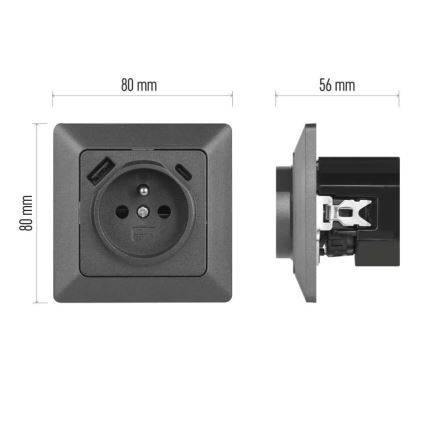 Huishoudelijke wandcontactdoos met USB-A+USB-C, Frans, 250V/16A, antraciet