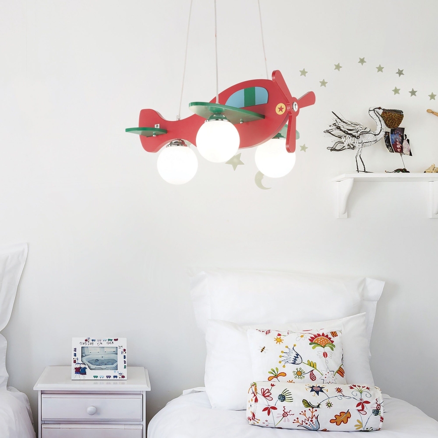 Ideal Lux - Kinder hanglamp aan een koord AVION 3xE27/28W/230V rood