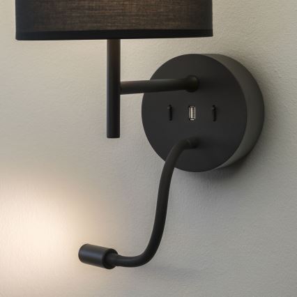 Ideal Lux - LED Flexibel lamp met een houder SET UP 1xE27/42W + LED/3W/230V CRI 90 USB zwart
