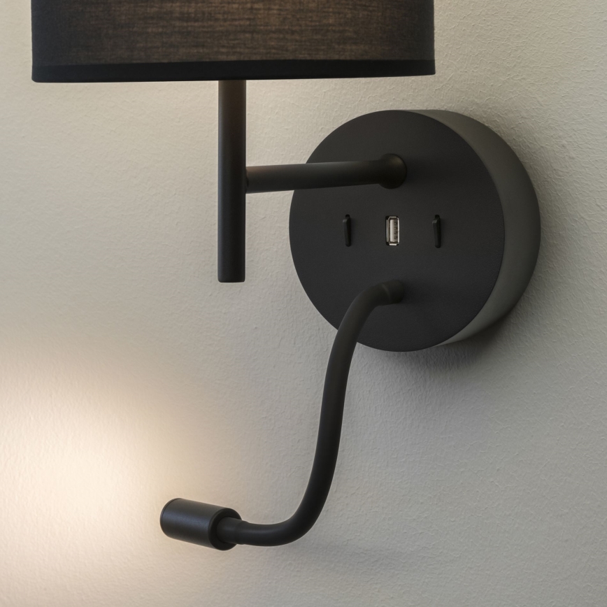Ideal Lux - LED Flexibel lamp met een houder SET UP 1xE27/42W + LED/3W/230V CRI 90 USB zwart